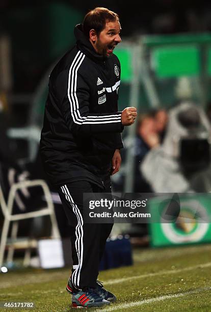 Head coach Stefan Ruthenbeck of Aalen reacts during the DFB Cup Round of 16 match between VfR Aalen and 1899 Hoffenheim at Scholz Arena on March 3,...