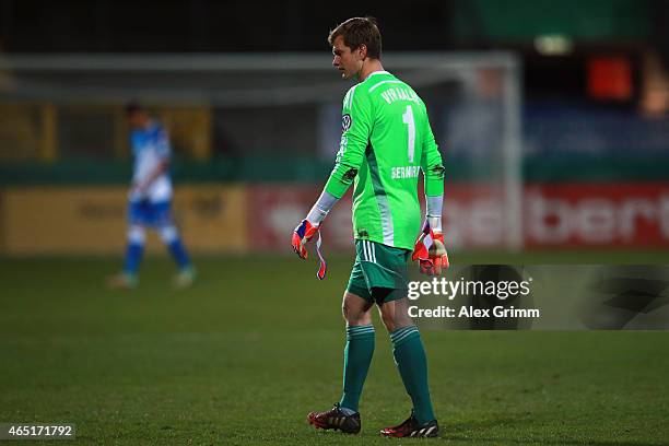 Goalkeeper Daniel Bernhardt of Aalen reacts during the DFB Cup Round of 16 match between VfR Aalen and 1899 Hoffenheim at Scholz Arena on March 3,...