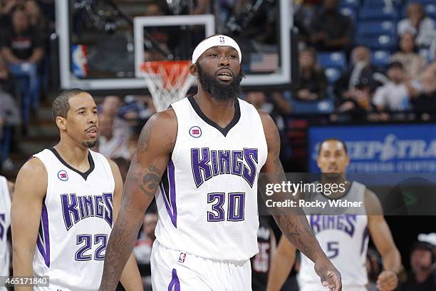 Reggie Evans of the Sacramento Kings looks on during the game against the Portland Trail Blazers on March 1, 2015 at Sleep Train Arena in Sacramento,...