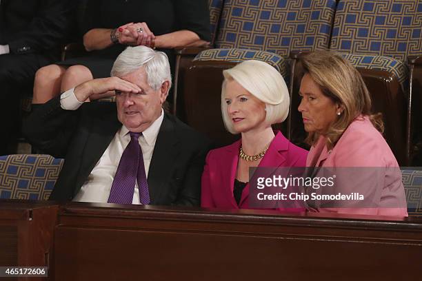 Former Speaker of the House Newt Gingrich and his wife Calista Gingrich sit in the House of Representatives gallery ahead of Israeli Prime Minister...
