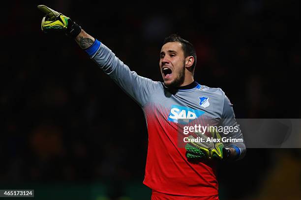 Goalkeeper Jens Grahl of Hoffenheim reacts during the DFB Cup Round of 16 match between VfR Aalen and 1899 Hoffenheim at Scholz Arena on March 3,...