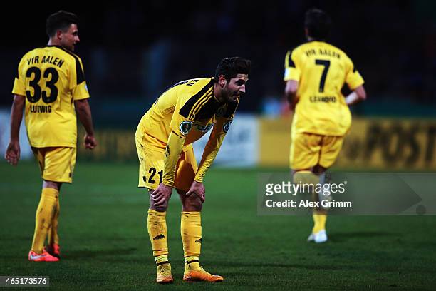Fabio Kaufmann of Aalen reacts during the DFB Cup Round of 16 match between VfR Aalen and 1899 Hoffenheim at Scholz Arena on March 3, 2015 in Aalen,...