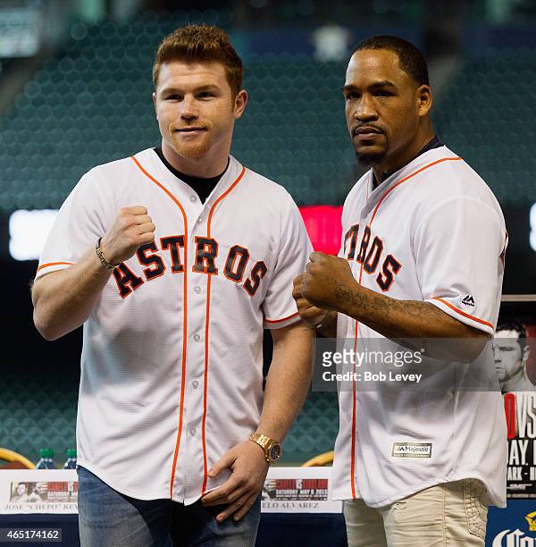 Canelo Alvarez and James Kirkland pose during a press conference for their fight scheduled for May 9th at Minute Maid Park on March 3, 2015 in...