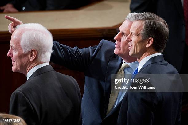 From left, Senate Majority Whip John Cornyn, R-Texas, House Majority Leader Kevin McCarthy, R-Calif., and Sen. John Thune, R-S.D., are pictured in...