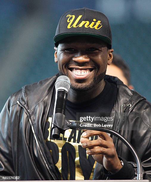 Curtis "50 Cent" Jackson, Chairman and CEO of SMS Promotions, talks to the media during a press conference for the May 9, 2015 fight between Canelo...