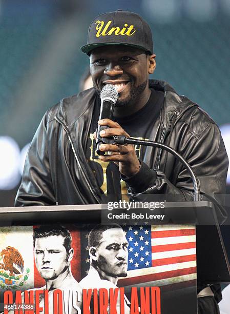 Curtis "50 Cent" Jackson, Chairman and CEO of SMS Promotions, talks to the media during a press conference for the May 9, 2015 fight between Canelo...