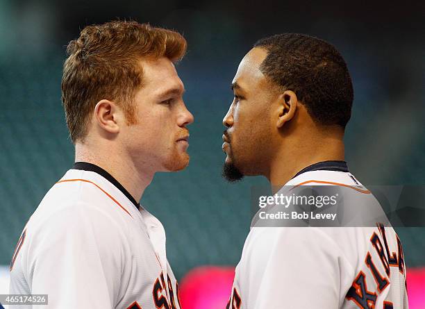 Canelo Alvarez and James Kirkland square off during a press conference for their fight scheduled for May 9th at Minute Maid Park on March 3, 2015 in...