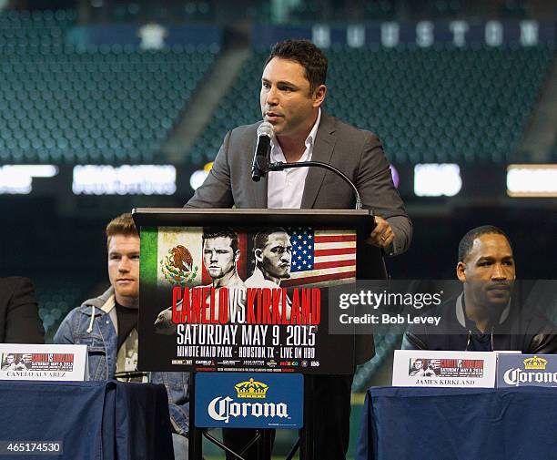 Oscar De La Hoya of Golden Boy Promotions speaks at a press conference to promote the May 9th fight between Canelo Alvarez and James Kirkland at...