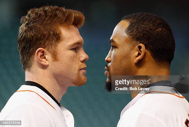 Canelo Alvarez and James Kirkland square off during a press conference for their fight scheduled for May 9th at Minute Maid Park on March 3, 2015 in...