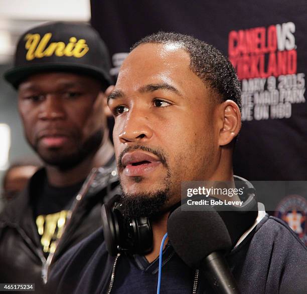 James Kirkland speaks with the media about his upcoming fight against Canelo Alvarez scheduled for May 9th as Curtis "50 Cent" Jackson looks on at...