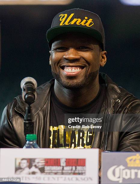 Curtis "50 Cent" Jackson, Chairman and CEO of SMS Promotions, talks to the media during a press conference for the May 9, 2015 fight between Canelo...