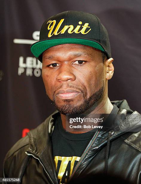 Curtis "50 Cent" Jackson, Chairman and CEO of SMS Promotions, talks to the media during a press conference for the May 9, 2015 fight between Canelo...