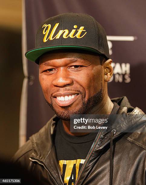 Curtis "50 Cent" Jackson, Chairman and CEO of SMS Promotions, talks to the media during a press conference for the May 9, 2015 fight between Canelo...