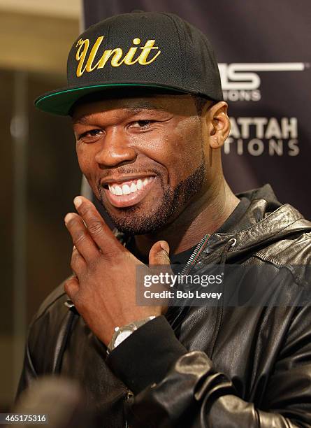 Curtis "50 Cent" Jackson, Chairman and CEO of SMS Promotions, talks to the media during a press conference for the May 9, 2015 fight between Canelo...