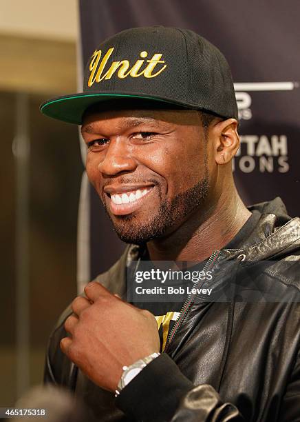 Curtis "50 Cent" Jackson, Chairman and CEO of SMS Promotions, talks to the media during a press conference for the May 9, 2015 fight between Canelo...