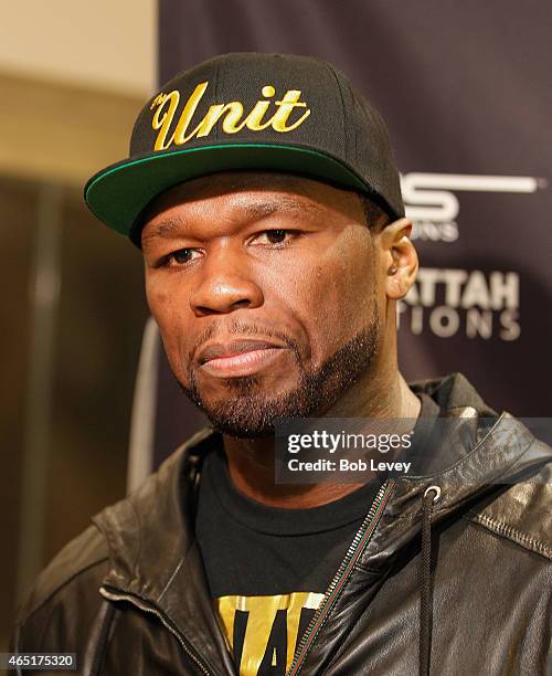 Curtis "50 Cent" Jackson, Chairman and CEO of SMS Promotions, talks to the media during a press conference for the May 9, 2015 fight between Canelo...