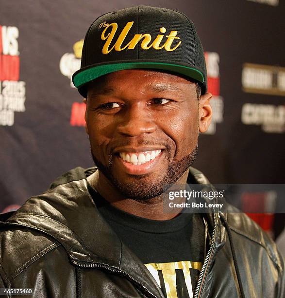 Curtis "50 Cent" Jackson, Chairman and CEO of SMS Promotions, talks to the media during a press conference for the May 9, 2015 fight between Canelo...