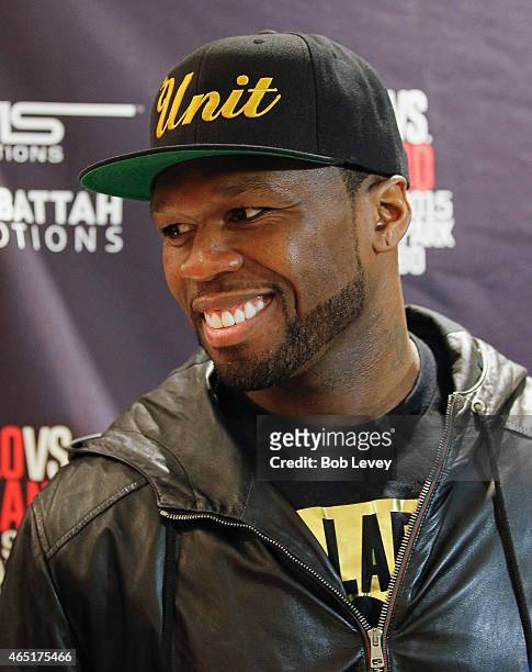 Curtis "50 Cent" Jackson, Chairman and CEO of SMS Promotions, talks to the media during a press conference for the May 9, 2015 fight between Canelo...