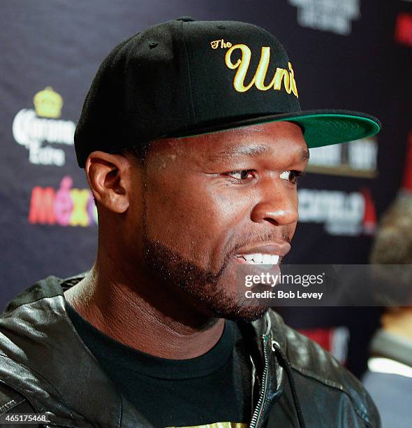 Curtis "50 Cent" Jackson, Chairman and CEO of SMS Promotions, talks to the media during a press conference for the May 9, 2015 fight between Canelo...