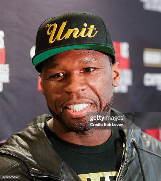 Curtis "50 Cent" Jackson, Chairman and CEO of SMS Promotions, talks to the media during a press conference for the May 9, 2015 fight between Canelo...