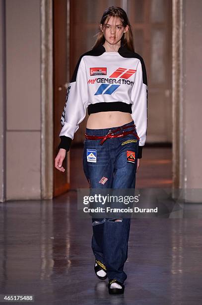 Model walks the runway during the Ground Zero show as part of the Paris Fashion Week Womenswear Fall/Winter 2015/2016 on March 3, 2015 in Paris,...