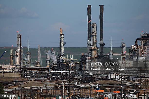 View of a Chevron refinery on March 3, 2015 in Richmond, California. U.S. Gas prices have surged an average of 39 cents in the past 35 days as a...