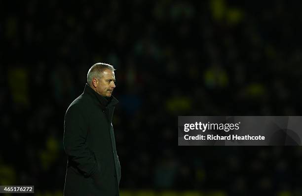Fulham manager Kit Symons looks on during the Sky Bet Championship match between Watford and Fulham at Vicarage Road on March 3, 2015 in Watford,...