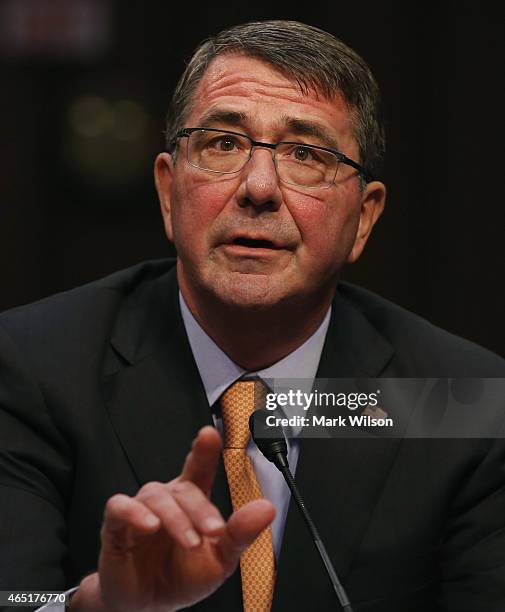 Defense Secretary Ashton Carter testifies during a Senate Armed Services Committee hearing on Capitol Hill March 3, 2015 in Washington, DC. The...