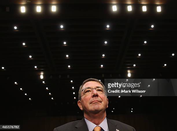 Defense Secretary Ashton Carter appears before the Senate Armed Services Committee on Capitol Hill March 3, 2015 in Washington, DC. The committee is...