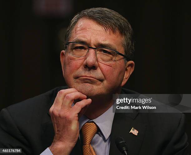 Defense Secretary Ashton Carter during a Senate Armed Services Committee hearing on Capitol Hill March 3, 2015 in Washington, DC. The committee is...