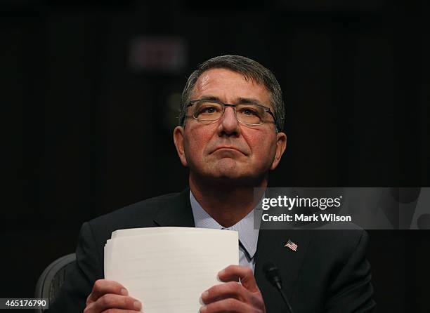 Defense Secretary Ashton Carter testifies during a Senate Armed Services Committee hearing on Capitol Hill March 3, 2015 in Washington, DC. The...