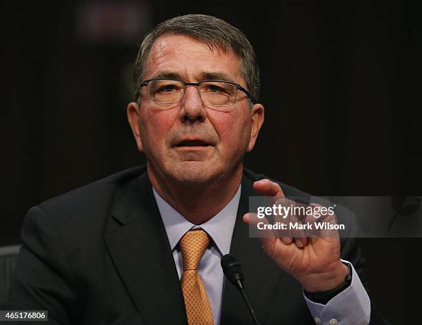 Defense Secretary Ashton Carter during a Senate Armed Services Committee hearing on Capitol Hill March 3, 2015 in Washington, DC. The committee is...