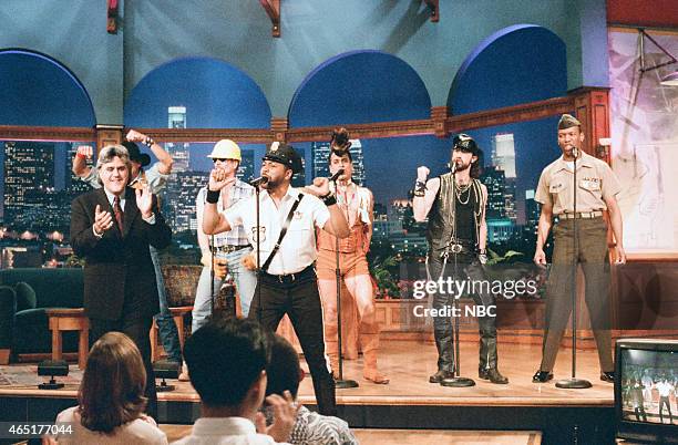 Episode 939 -- Pictured: Host Jay Leno with G. Jeff Olson, David Hodo, Ray Simpson, Felipe Rose, Eric Anzalone and Alex Briley of The Village People...