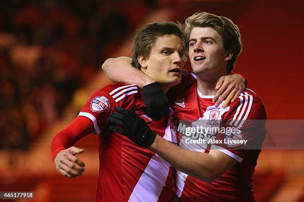 Jelle Vossen of Middlesbrough celebrates scoring their third goal with Patrick Bamford of Middlesbrough during the Sky Bet Championship match between...