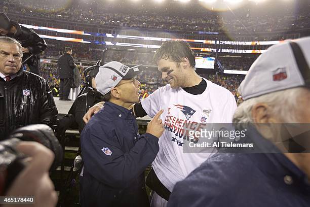 Playoffs: New England Patriots QB Tom Brady victorious with president Jonathan Kraft after winning game vs Indianapolis Colts game at Gillette...