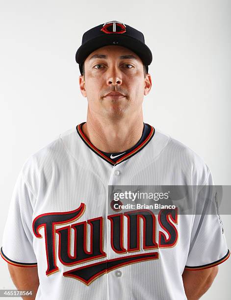 Doug Bernier of the Minnesota Twins poses for a photo during the Twins' photo day on March 3, 2015 at Hammond Stadium in Fort Myers, Florida.