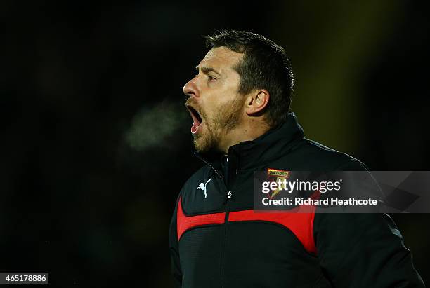 Watford head coach Slavisa Jokanovic shouts instructions during the Sky Bet Championship match between Watford and Fulham at Vicarage Road on March...