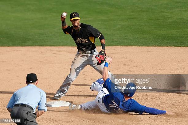 Pedro Florimon of the Pittsburgh Pirates attempts a double play over Mitch Nay of the Toronto Blue Jays during the game at Florida Auto Exchange...
