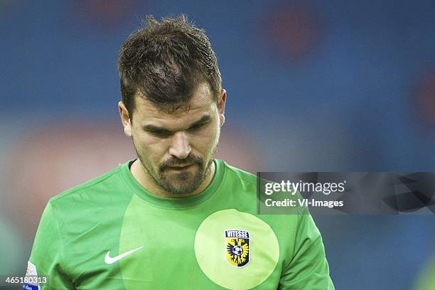 Goalkeeper Piet Velthuizen of Vitesse during the Dutch Eredivisie match between Vitesse Arnhem and NEC Nijmegen at Gelredome on January 26, 2014 in...