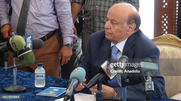 Yemeni President Abd Rabbuh Mansur Hadi meets with the tribe delegations from Abyan and Lahij cities within 'reconciliation talks' in Aden, Yemen on...