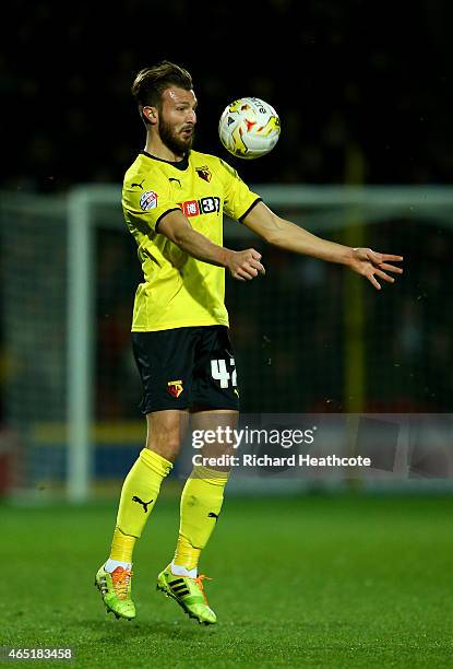 Marco Motta of Watford in action during the Sky Bet Championship match between Watford and Fulham at Vicarage Road on March 3, 2015 in Watford,...