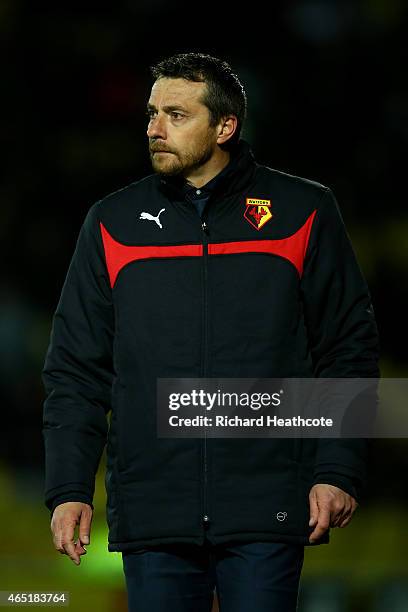 Watford head coach Slavisa Jokanovic shouts instructions during the Sky Bet Championship match between Watford and Fulham at Vicarage Road on March...