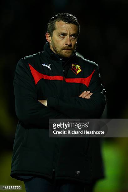 Watford head coach Slavisa Jokanovic shouts instructions during the Sky Bet Championship match between Watford and Fulham at Vicarage Road on March...