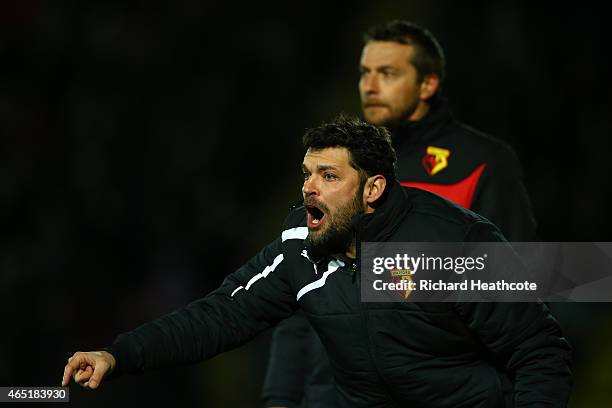Watford assistant coach Ruben Martinez shouts instructions during the Sky Bet Championship match between Watford and Fulham at Vicarage Road on March...