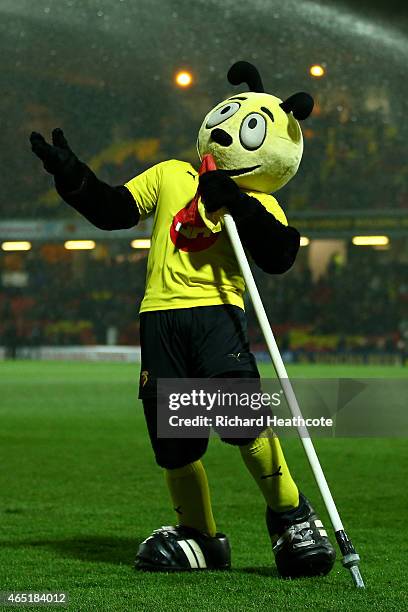 Watford mascot Harry the Hornet entertains the crowd before the start of the Sky Bet Championship match between Watford and Fulham at Vicarage Road...