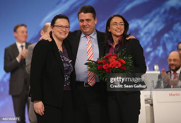 Sigmar Gabriel, German Vice Chancellor and Chairman of the German Social Democrats , poses with outgoing SPD General Secretary Andrea Nahles and...