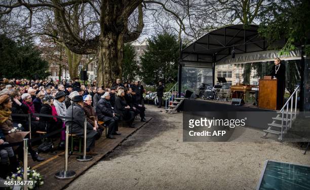 Mayor of Amsterdam Eberhard van der Laan delivers a speech at the Auschwitz monument in the Wertheimpark in Amsterdam on January 26 during the...