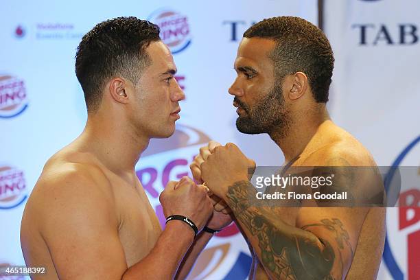 New Zealand Heavyweight Boxing Champion Joseph Parker and his opponent Jason Pettaway face off during the weigh in ahead of the road to the title...