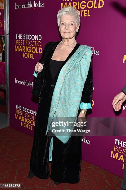 Actress Judi Dench attends "The Second Best Exotic Marigold Hotel" New York Premiere at the Ziegfeld Theater on March 3, 2015 in New York City.