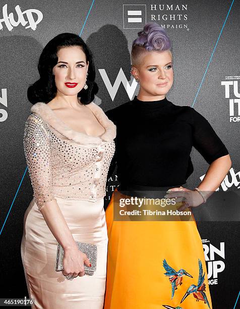 Dita Von Teese and Kelly Osbourne attend the W Hotels 'Turn It Up For Change' ball to benefit HRC at W Hollywood on February 5, 2015 in Hollywood,...